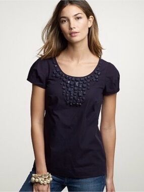 J.Crew Women's Bijou Jewel Embellished Top in Navy Blue 100% Cotton